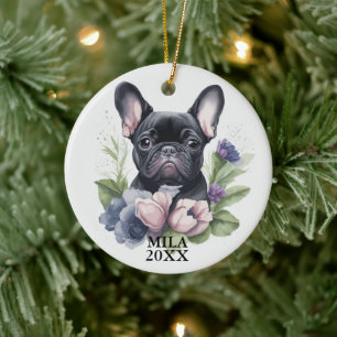 Custom Black Frenchie Pug Dog Watercolor Christmas Ceramic Tree Decoration