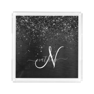 Custom Black Glitter Sparkle Monogram Acrylic Tray