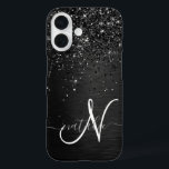 Custom Black Glitter Sparkle Monogram iPhone 16 Case<br><div class="desc">Easily personalise this trendy elegant phone case design featuring pretty black sparkling glitter on a black brushed metallic background.</div>