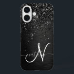 Custom Black Glitter Sparkle Monogram iPhone 16 Case<br><div class="desc">Easily personalise this trendy elegant phone case design featuring pretty black sparkling glitter on a black brushed metallic background.</div>