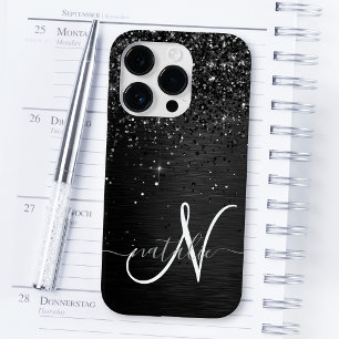 Custom Black Glitter Sparkle Monogram Case-Mate iPhone 14 Pro Case