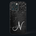 Custom Black Glitter Sparkle Monogram iPhone 13 Pro Case<br><div class="desc">Easily personalise this trendy elegant phone case design featuring pretty black sparkling glitter on a black brushed metallic background.</div>