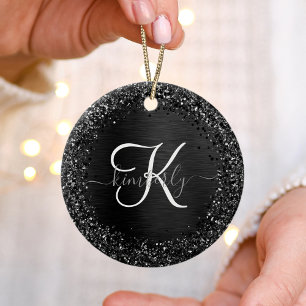 Custom Black Glitter Sparkle Monogram Ceramic Tree Decoration