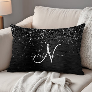 Custom Black Glitter Sparkle Monogram Decorative Cushion