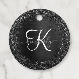 Custom Black Glitter Sparkle Monogram Favour Tags