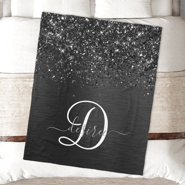 Custom Black Glitter Sparkle Monogram Fleece Blanket (Creator Uploaded)