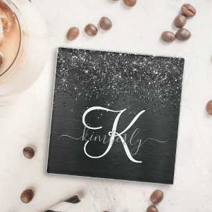 Custom Black Glitter Sparkle Monogram Glass Coaster