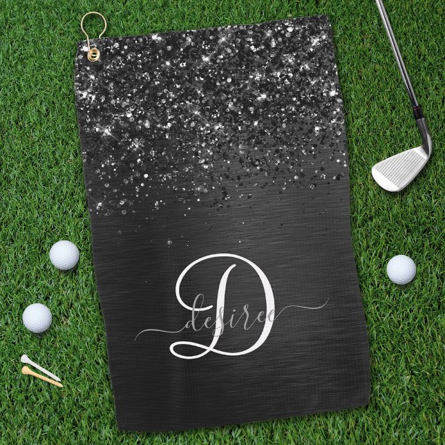 Custom Black Glitter Sparkle Monogram Golf Towel (Creator Uploaded)