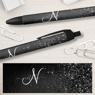 Custom Black Glitter Sparkle Monogram Ink Pen