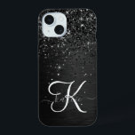 Custom Black Glitter Sparkle Monogram iPhone 15 Case<br><div class="desc">Easily personalise this trendy elegant phone case design featuring pretty black sparkling glitter on a black brushed metallic background.</div>
