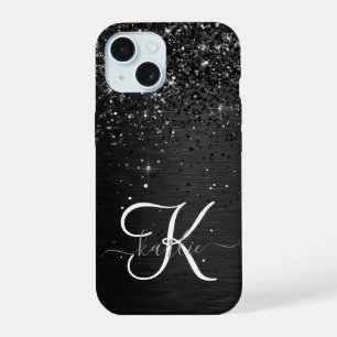 Custom Black Glitter Sparkle Monogram iPhone 15 Case