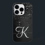 Custom Black Glitter Sparkle Monogram iPhone 14 Pro Case<br><div class="desc">Easily personalise this trendy elegant phone case design featuring pretty black sparkling glitter on a black brushed metallic background.</div>