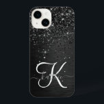 Custom Black Glitter Sparkle Monogram iPhone 14 Case<br><div class="desc">Easily personalise this trendy elegant phone case design featuring pretty black sparkling glitter on a black brushed metallic background.</div>