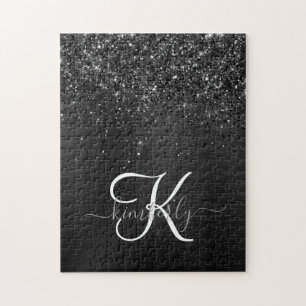 Custom Black Glitter Sparkle Monogram Jigsaw Puzzle