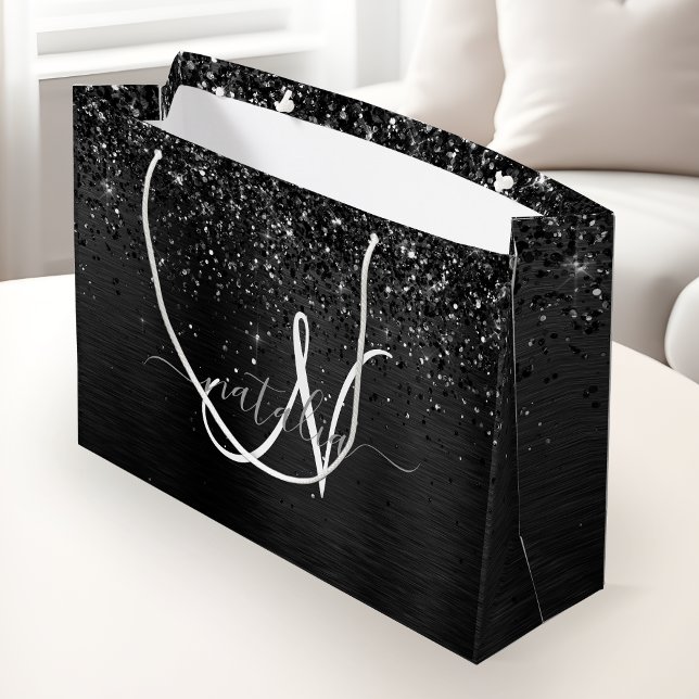 Custom Black Glitter Sparkle Monogram Large Gift Bag (Creator Uploaded)