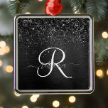 Custom Black Glitter Sparkle Monogram Metal Tree Decoration<br><div class="desc">Easily personalise this trendy elegant ornament design featuring pretty black sparkling glitter on a black brushed metallic background.</div>