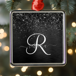 Custom Black Glitter Sparkle Monogram Metal Tree Decoration