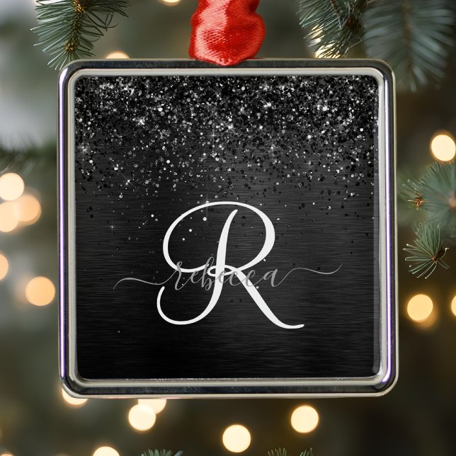 Custom Black Glitter Sparkle Monogram Metal Tree Decoration (Creator Uploaded)