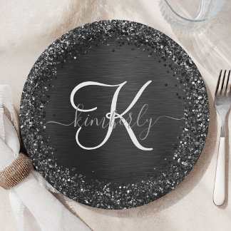 Custom Black Glitter Sparkle Monogram Paper Plate