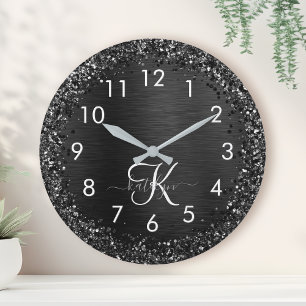 Custom Black Glitter Sparkle Monogram Round Clock