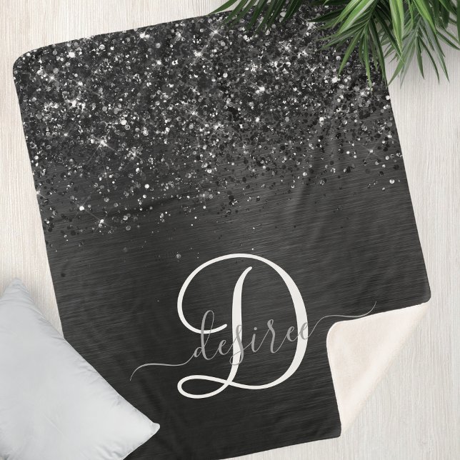 Custom Black Glitter Sparkle Monogram Sherpa Blanket (Creator Uploaded)