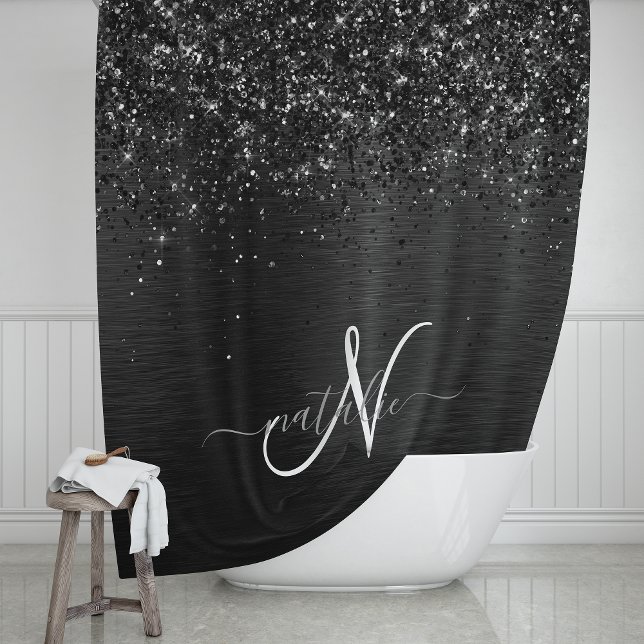 Custom Black Glitter Sparkle Monogram Shower Curtain (Creator Uploaded)