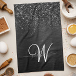 Custom Black Glitter Sparkle Monogram Tea Towel<br><div class="desc">Easily personalise this trendy elegant kitchen towel design featuring pretty black sparkling glitter on a black brushed metallic background.</div>