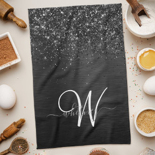 Custom Black Glitter Sparkle Monogram Tea Towel