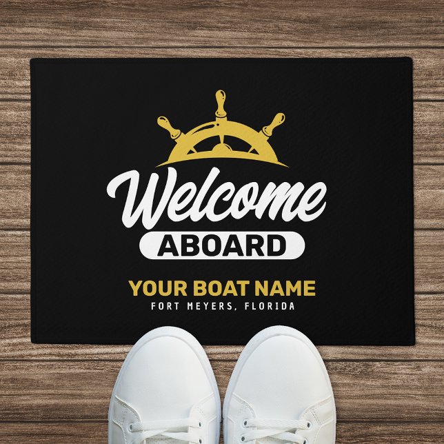  Custom Black Gold Boat Name Welcome Aboard Doormat (Creator Uploaded)