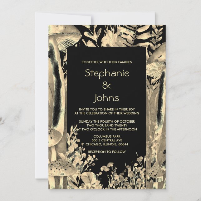 Custom Black Gold Brown Mushrooms Woodland Wedding Invitation (Front)