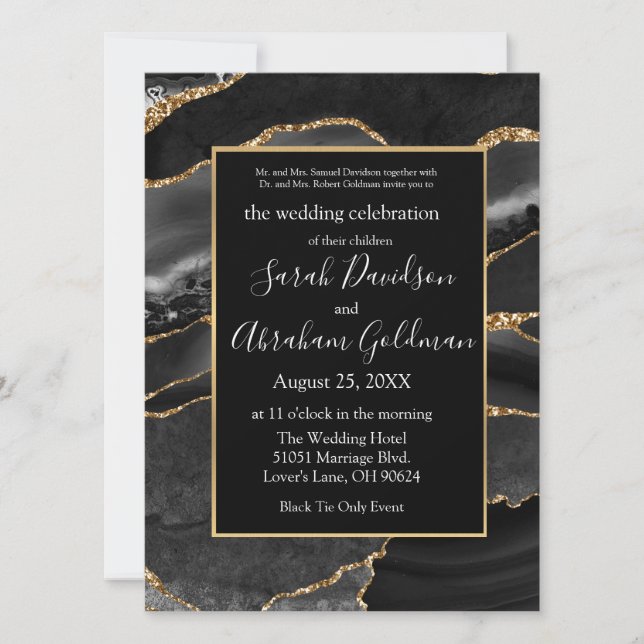 Custom Black Gold Foil Agate Wedding Invitations (Front)