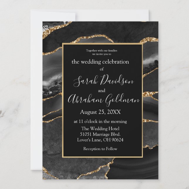 Custom Black Gold Foil Agate Wedding Invitations (Front)