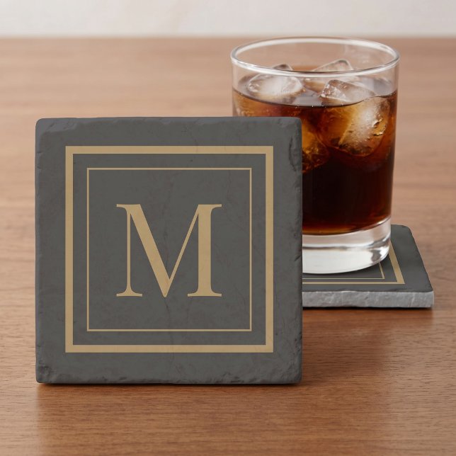 Custom Black & Gold Framed Monogram Stone Coaster (Creator Uploaded)