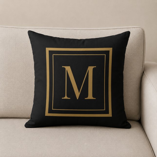 Custom Black & Gold Framed Monogram Throw Pillow (Creator Uploaded)