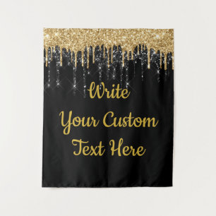 Custom Black Gold Glitter Birthday Booth Backdrop Tapestry