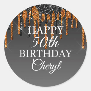 Custom Black & Gold Glitter Drip Happy Birthday Classic Round Sticker