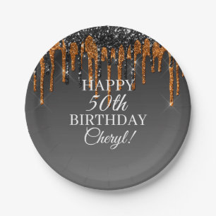 Custom Black & Gold Glitter Drip Happy Birthday Paper Plate
