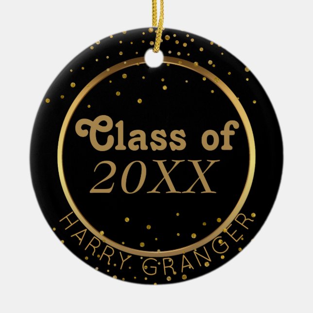Custom Black Gold Graduation Class of Keepsake Ceramic Tree Decoration (Front)