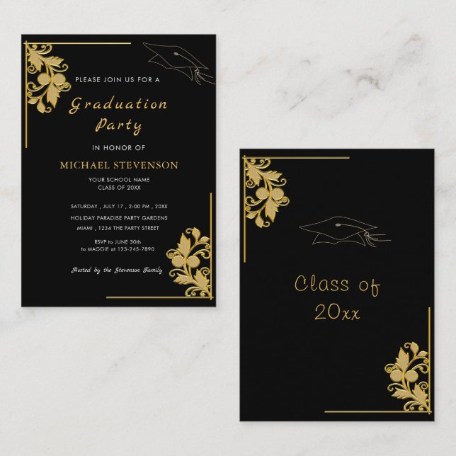 Custom Black Gold Graduation Invitation Example (Front/Back)