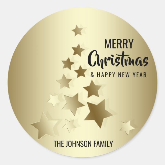 Custom Black Gold MERRY CHRISTMAS Tree Lights Classic Round Sticker (Front)