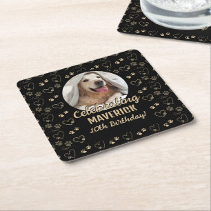Custom Black Gold Photo Paw Print Dog Birthday Square Paper Coaster