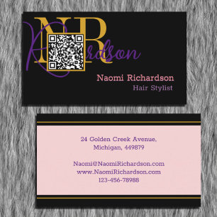 Custom Black, Gold, Pink & QR Code, Monogram Business Card