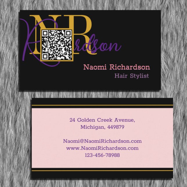Custom Black, Gold, Pink & QR Code, Monogram Business Card (Creator Uploaded)