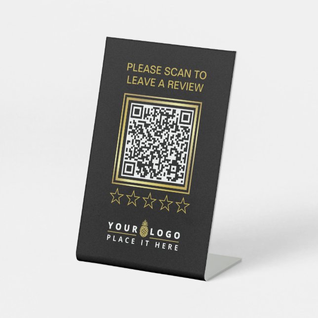 Custom Black Gold QR Company Business Logo Review Pedestal Sign (Front)