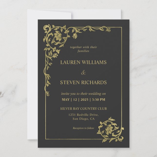 Custom Black Gold Royal Ancient Decoration Wedding Invitation (Front)