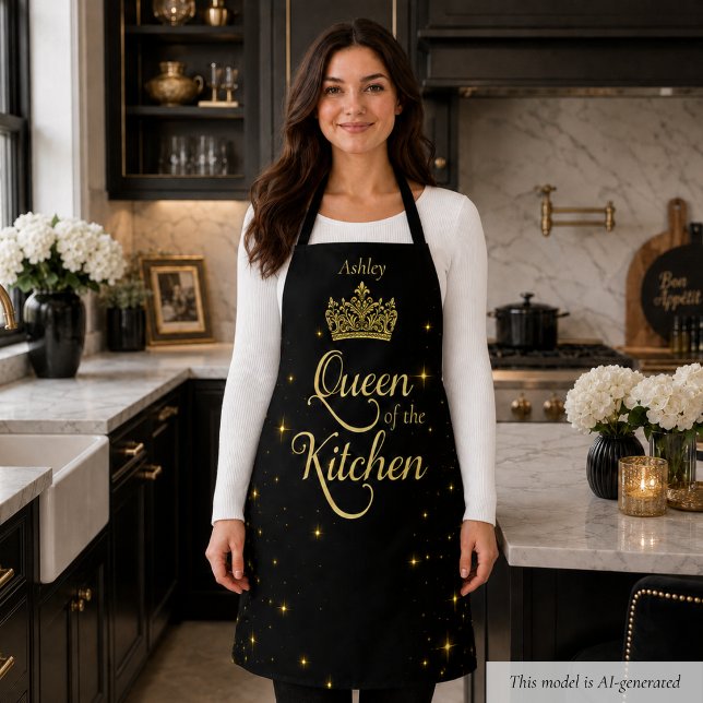 Custom Black Gold Sparkly Queen of the Kitchen Apron (elegant black gold sparkly queen of the kitchen personalized apron with custom name)