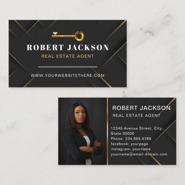 Custom Black + Golden key Realtors Luxury Modern  Business Card (Front/Back)