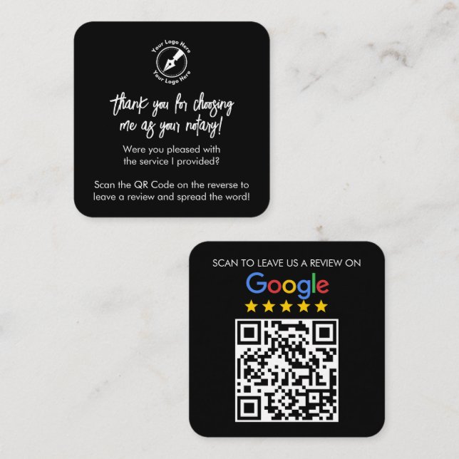 Custom Black Google Review QR Code Thanks Notary Square Business Card (Front/Back)