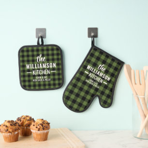 Custom Black Green Buffalo Lumberjack Plaid Oven Mitt & Pot Holder Set