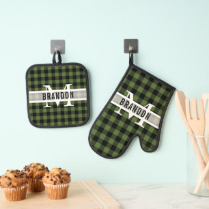Custom Black Green Buffalo Lumberjack Plaid Oven Mitt & Pot Holder Set